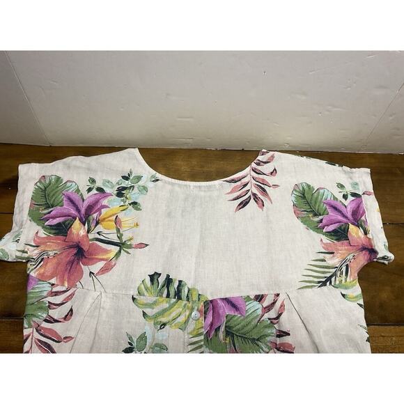 Terzo Millennio Small Tunic Blouse Linen Floral Hi Lo Coastal Lagenlook Italy - Picture 10 of 11